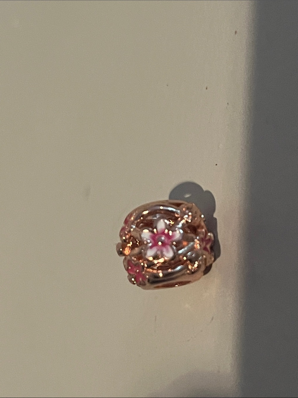 Pandora Rose Gold Floral Enamel Charm with Pink and White Accents